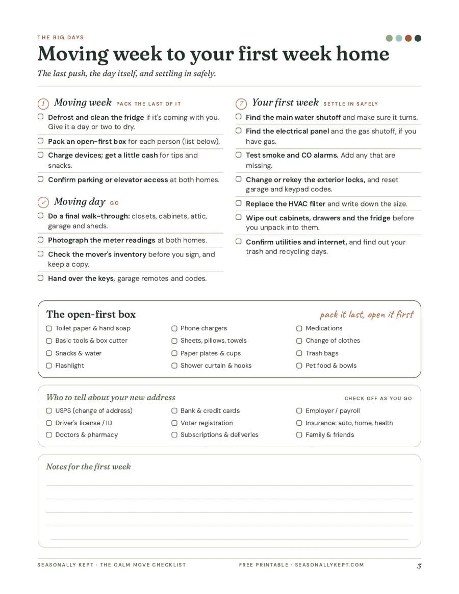 Page 3 of The Calm Move Checklist: moving week, moving day and settling in.
