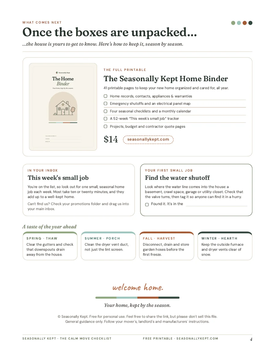 Page 4 of The Calm Move Checklist: your first small job and a look at each season.